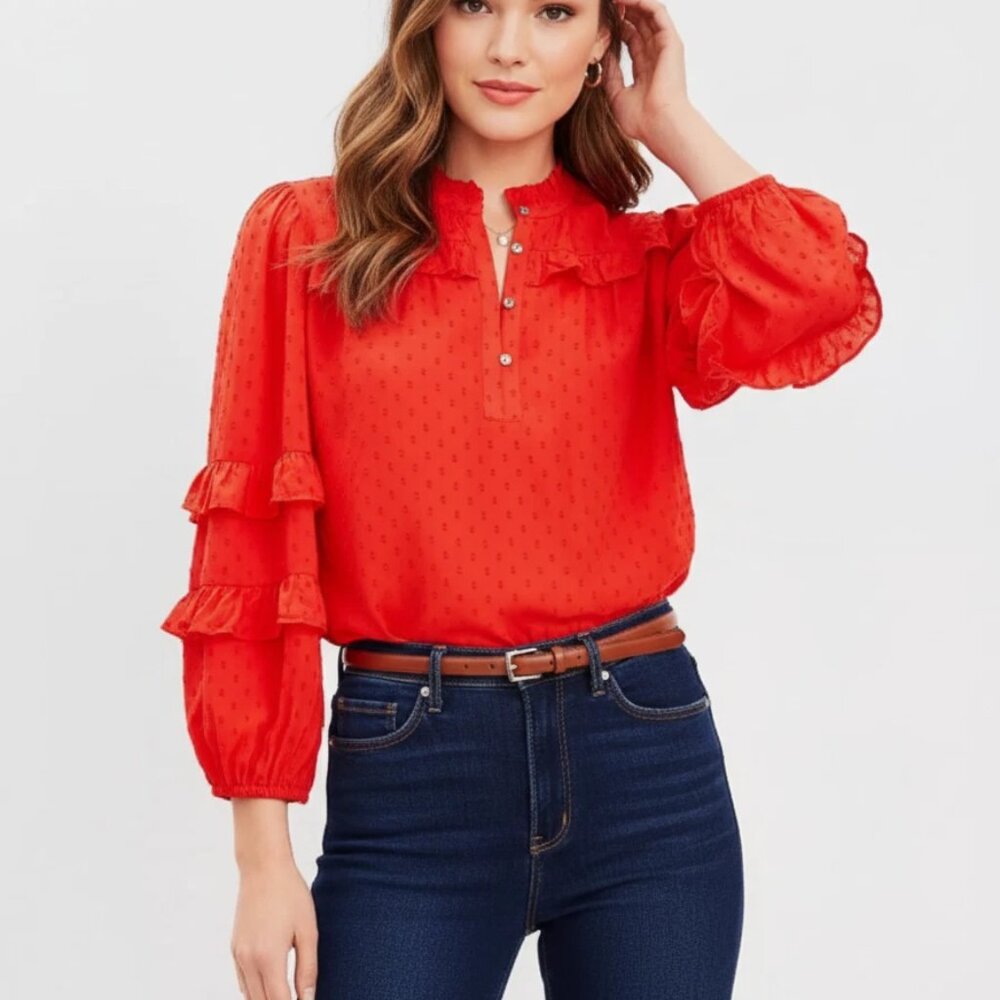❤️Ann Taylor Loft Red Swiss Dot Ruffle Blouse Large Boho Tiered Sleeve Top❤️